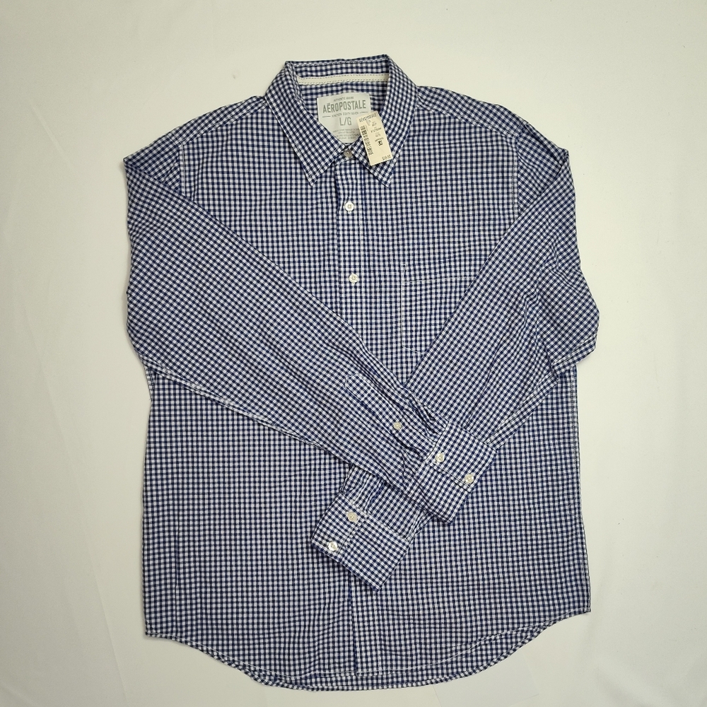 NWT Aeropostale Navy White Gingham Long Sleeve Shirt, Size Large